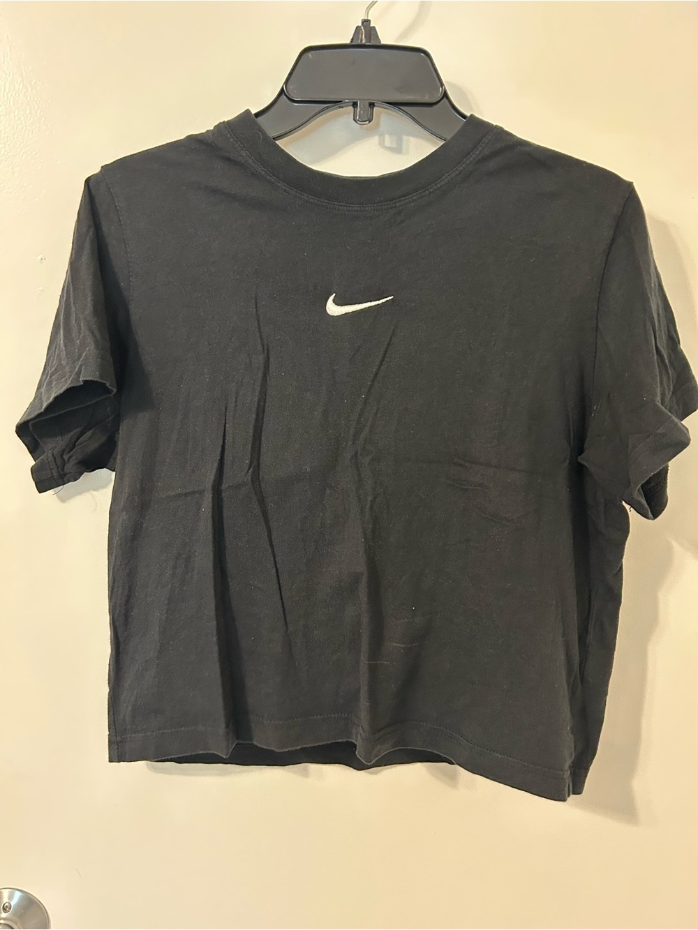 Nike Black Cropped Tee with White Swoosh Logo